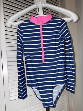 Gymboree Navy and White Striped Long-Sleeve One-Piece Swimsuit Girls 7